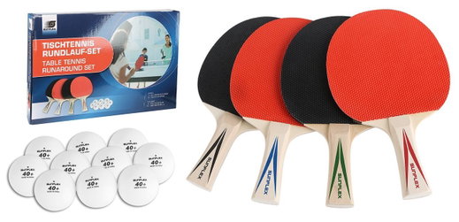 Sunflex Table Tennis Set Rundlauf - 4 Rackets with pimples outside, without sponge + 10 Balls